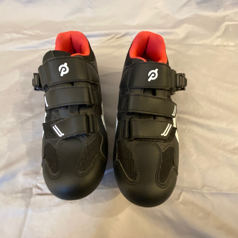 Peloton Cycling Shoes Black Red Cleats Size 38 Hook and Loop Straps‎